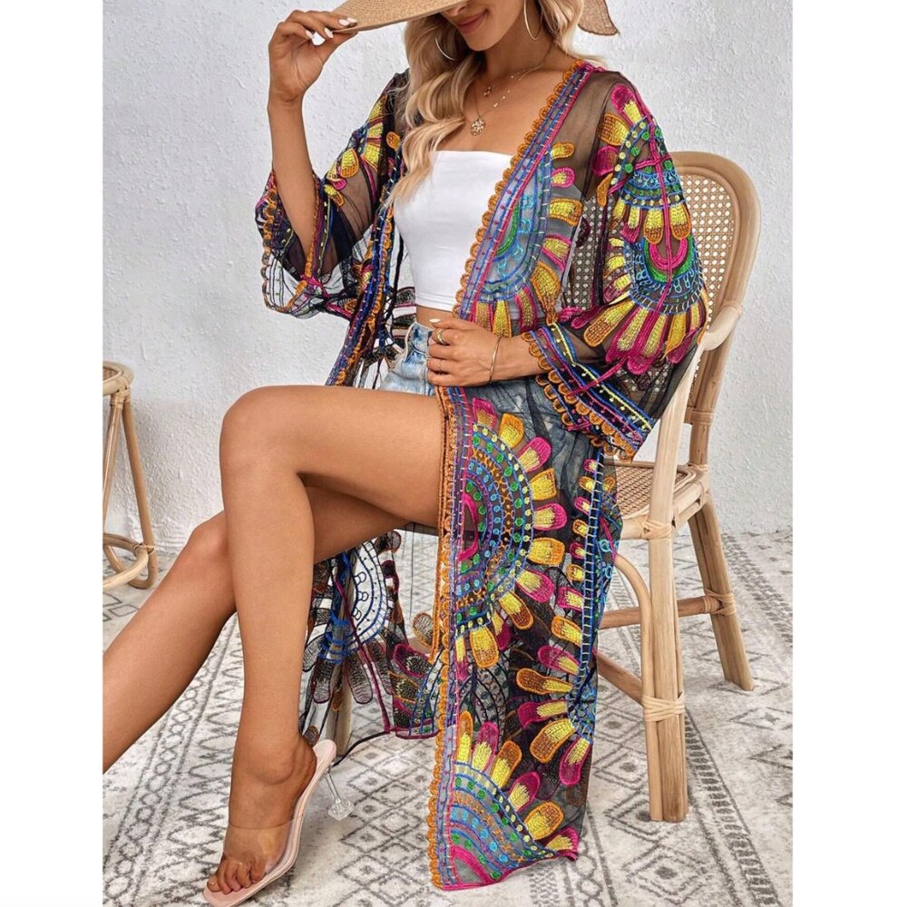 Boho Embroidered Kimono Cover Up Colorful Floral Beach One Size NWT